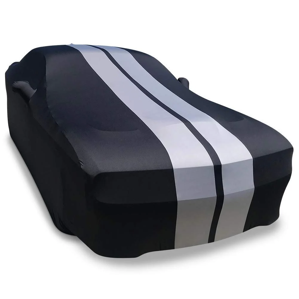 2008-2023 Dodge Challenger Ultraguard Stretch Satin Indoor Car Cover : Sport Series - Black with Gray Stripes - Image 7