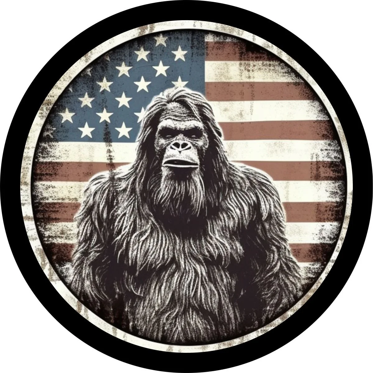 American Flag Bigfoot Portrait - Sasquatch Spare Tire Cover for Bronco, RV, Jeep, Camper, Van