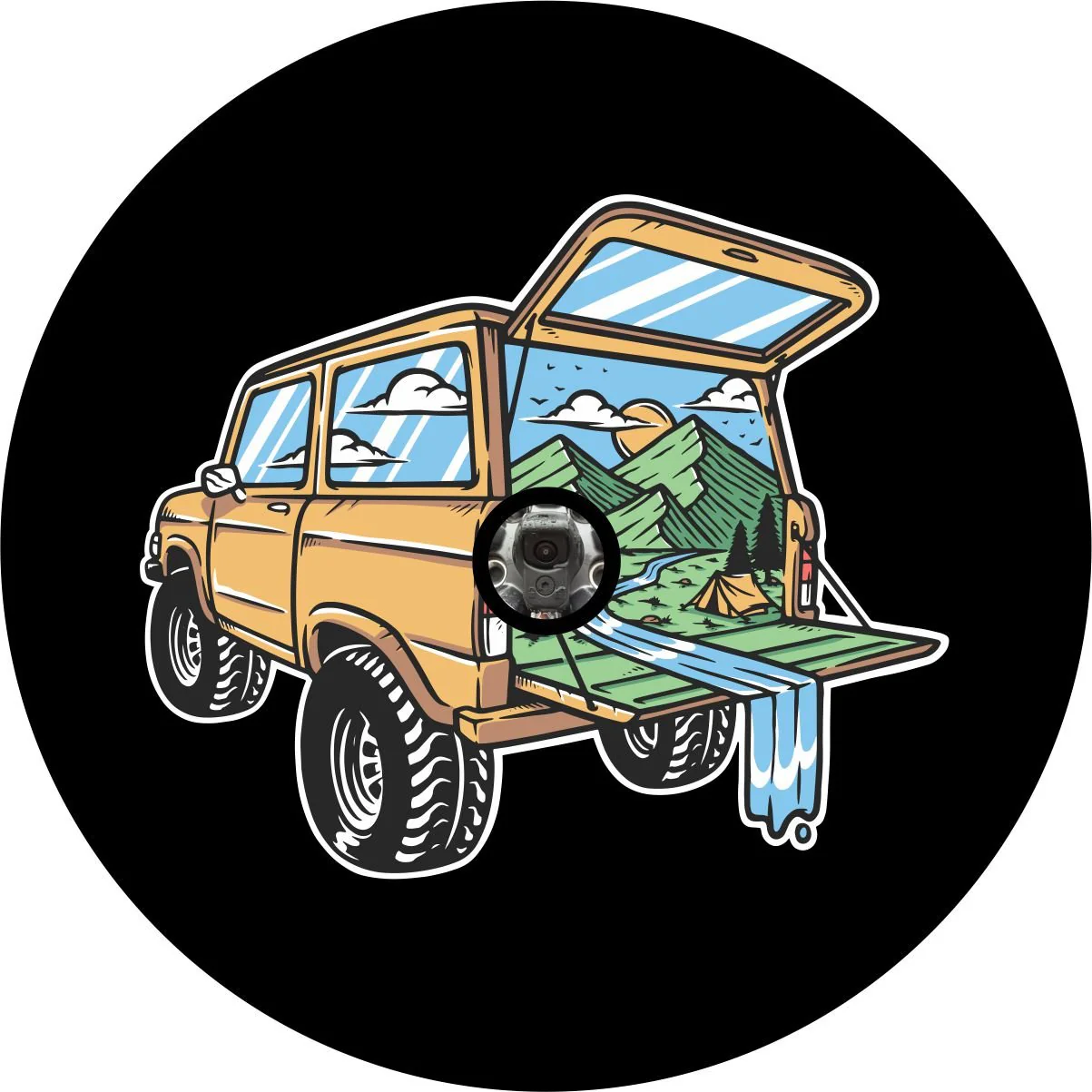 Camping Out The Back of a Bronco Unique Spare Tire Cover for Bronco, RV, Camper, & More - Image 2