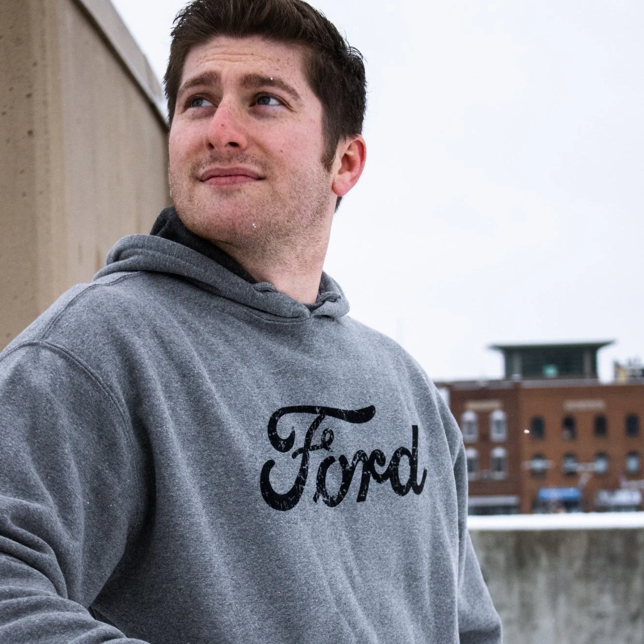 Hoodie - Mens Ford Distressed Text - Heather Grey - Image 2