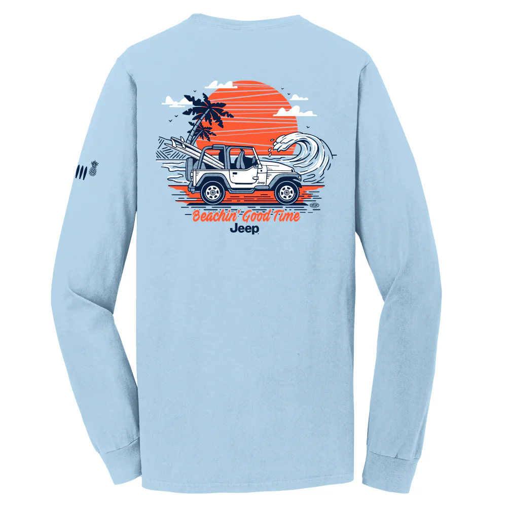 Mens Long Sleeve T-Shirt Jeep® Wrangler Beachin' Good Time - Beach Wash Glacier Blue