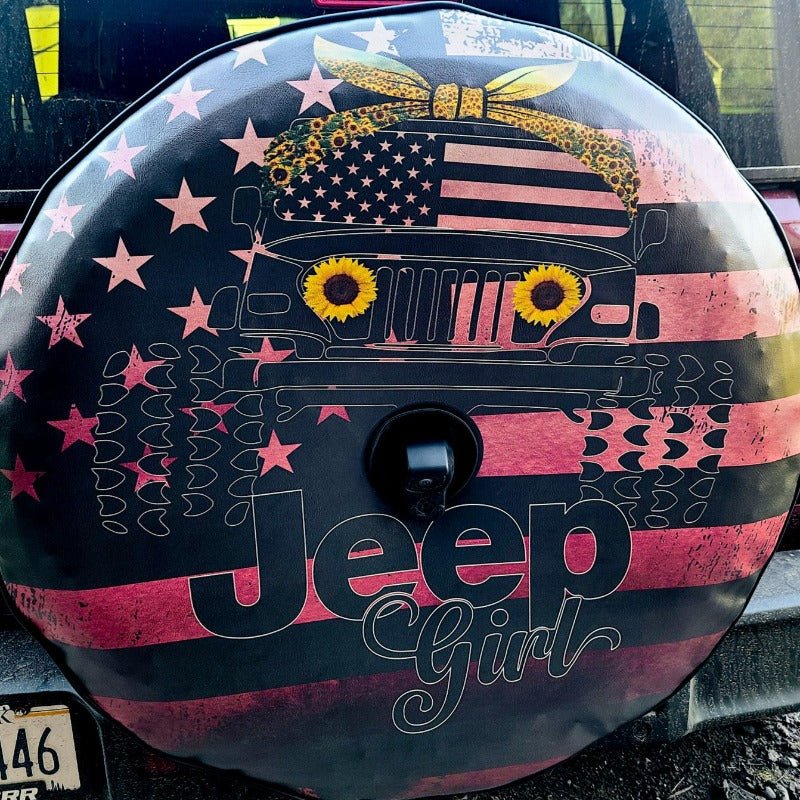 Ombre Pink Jeep Girl Sunflower & American Flag Cute Spare Tire Cover for Jeep Wrangler - Image 5